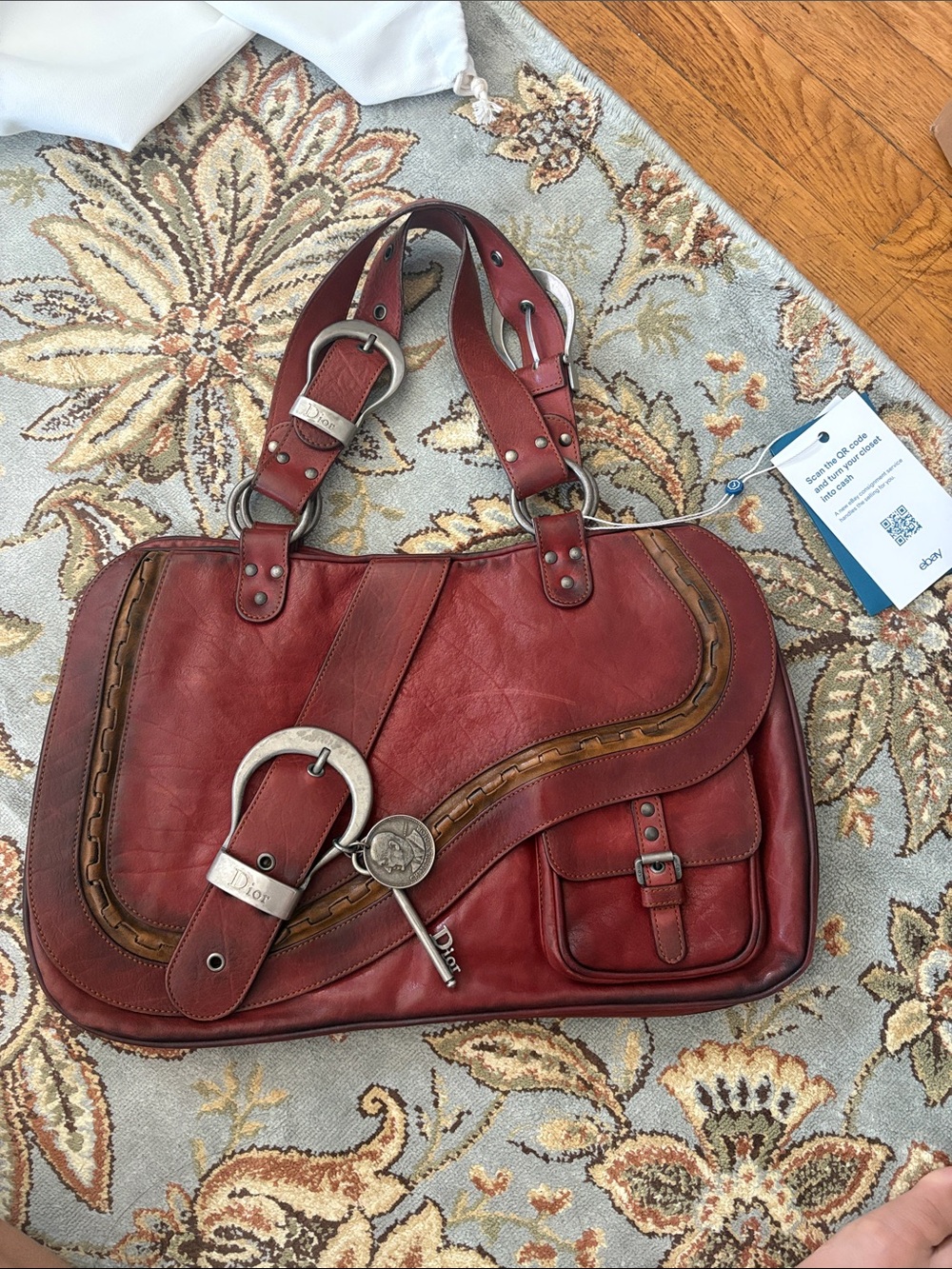 Red Leather Satchel Handbag with Decorative Buckle